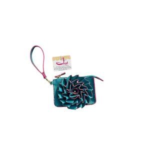 Teal Wristlet With Pink Ruffle Flower Design & Polka Dot Lining By Jenzah